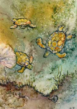 "Diving Divas" by Mickey Fielitz, Lake Geneva WI - Watercolor on Yupo - SOLD